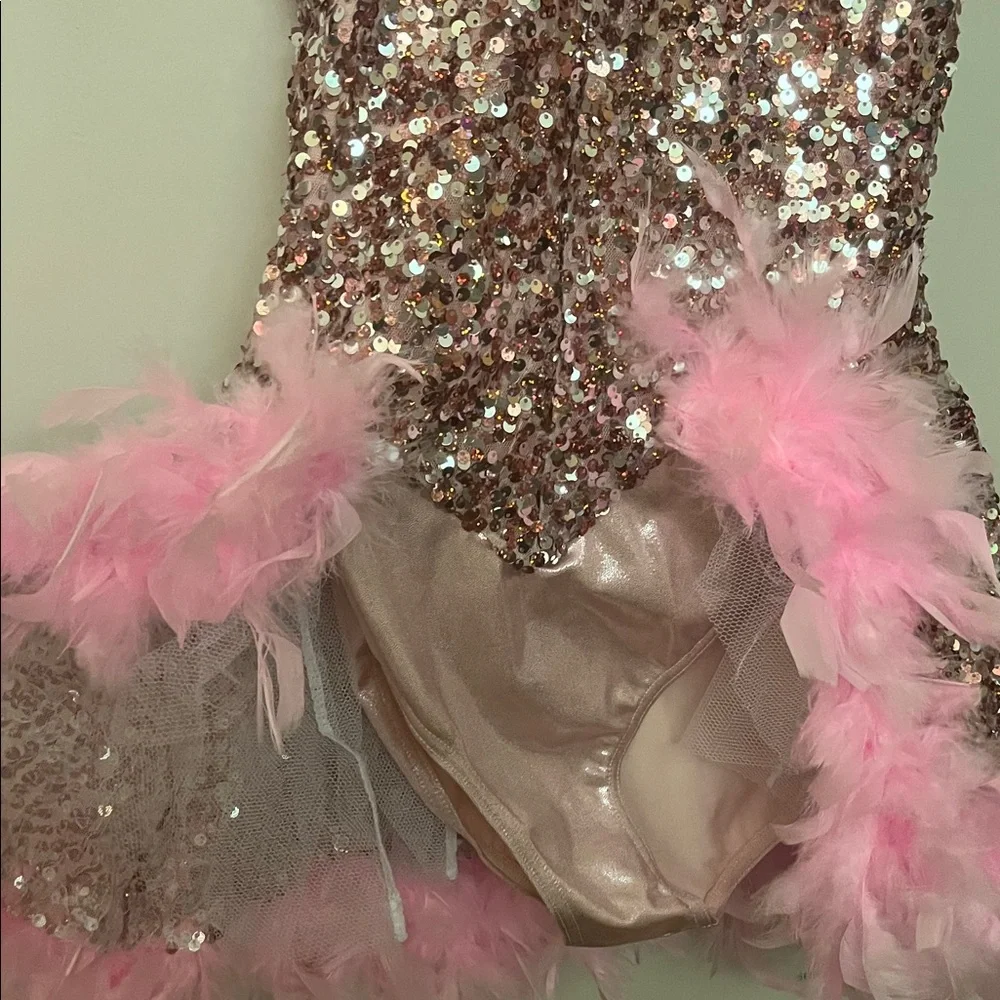 Weissman Pink Sequin Dance Costume with feathers size Adult Small - Picture 3 of 11